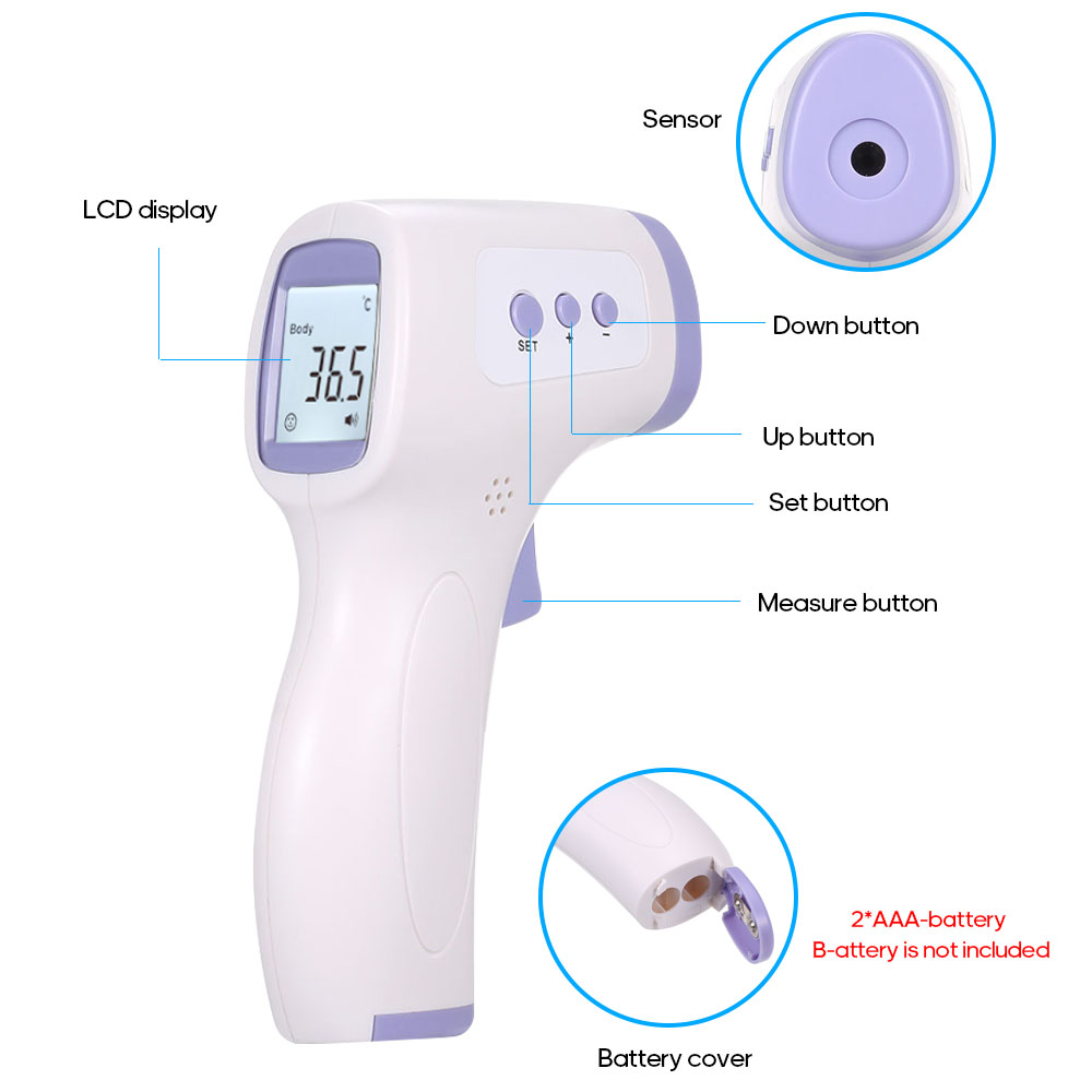 White infrared non-contact forehead thermometer with LCD display, buttons, and sensor tip
