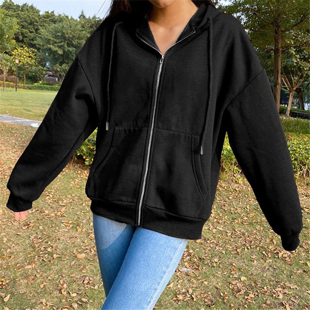 Women's hooded zip-front jacket in black with front zipper and drawstring hood
