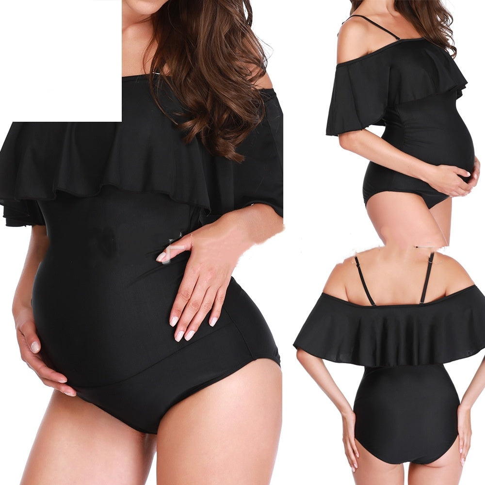 New European And American Solid Color Off-shoulder Ruffles Plus Size Swimwear For Pregnant Women