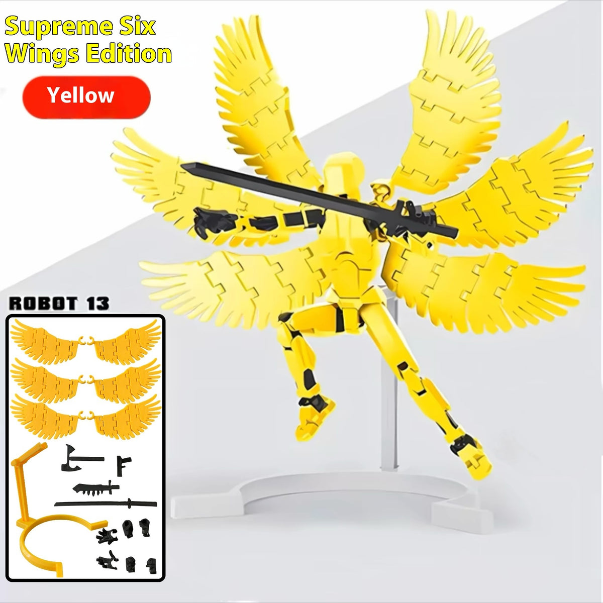 Yellow 3D printed robot action figure with large dual wing arrays on a stand
