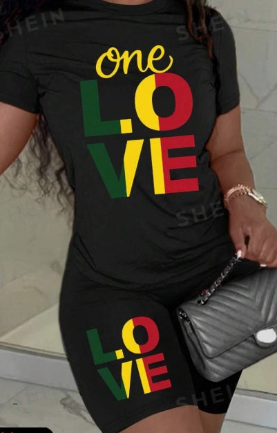 Women's black LOVE graphic tee with cursive one plus black shorts lounge set