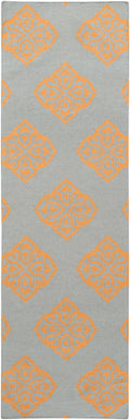 Hand-woven wool area rug with repeating orange geometric diamonds on gray ground
