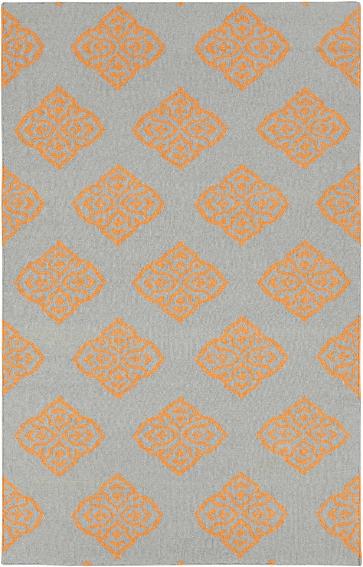 Hand-woven wool area rug with orange and gray geometric diamond pattern