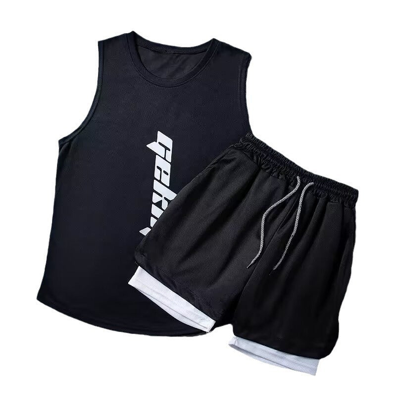 Speed Men's Sleeveless Athletic Shorts And Vest Set For Workout And Sports Training Black White