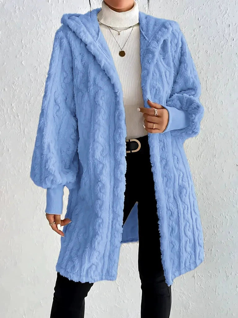 Light blue hooded plush long coat with textured fabric, long sleeves, and front pockets