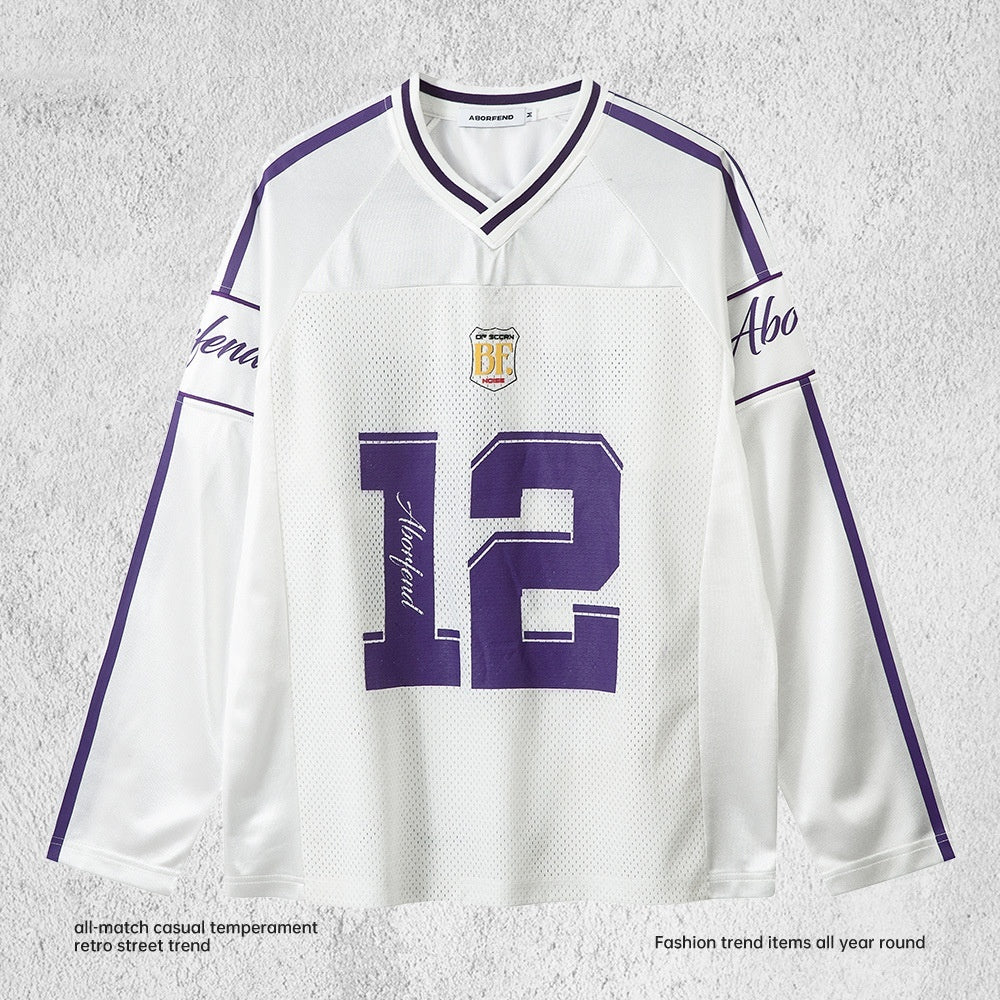 Digital Printed Long-sleeved T-shirt Jersey Contrast Color V-neck Top