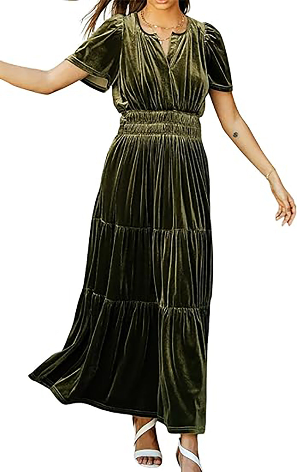 Olive green velvet tiered maxi dress with puff sleeves and V-neck