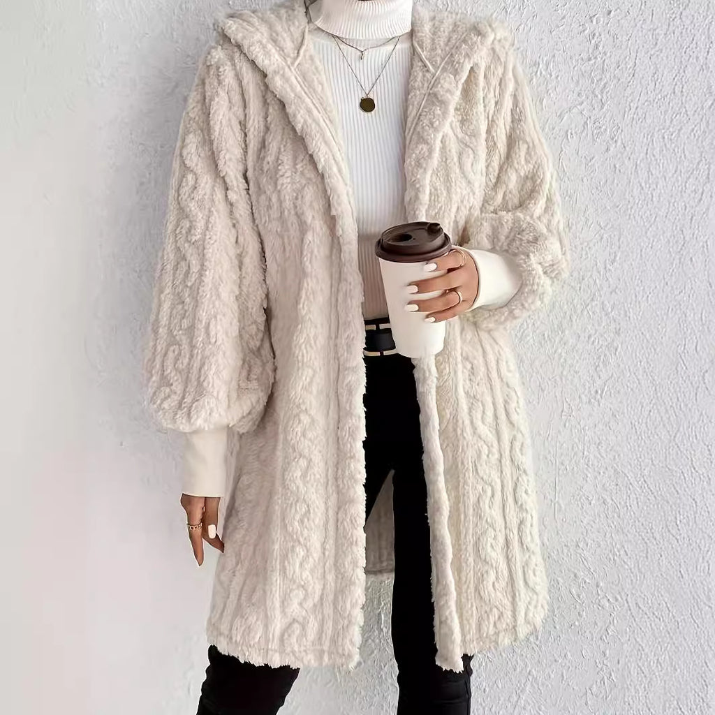 Hooded long plush coat in milky white, open front, thick textured fabric.