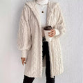 Hooded long plush coat in milky white, open front, thick textured fabric.