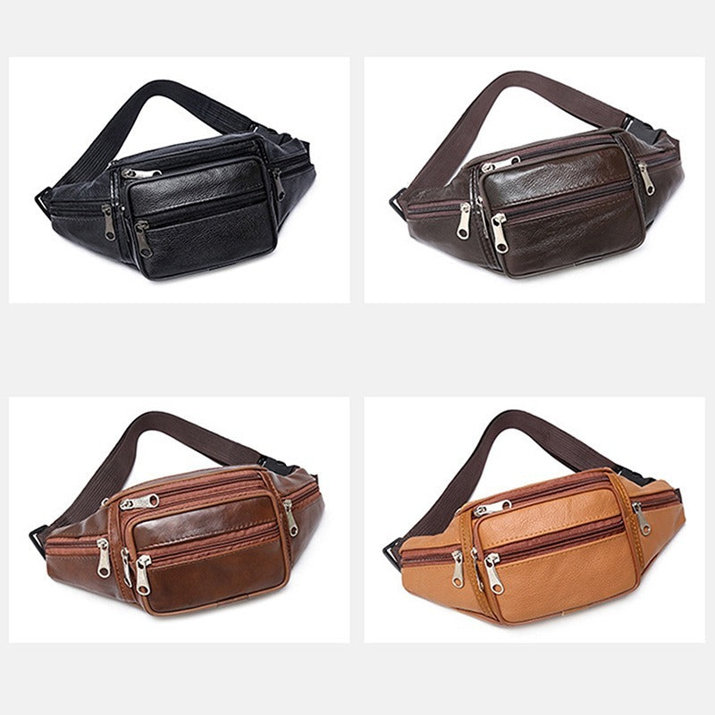Men's First Layer Cowhide Leather Waist Bag Crossbody For Outdoor Sports And Leisure