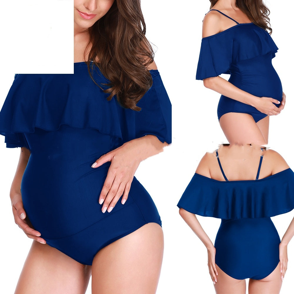 New European And American Solid Color Off-shoulder Ruffles Plus Size Swimwear For Pregnant Women