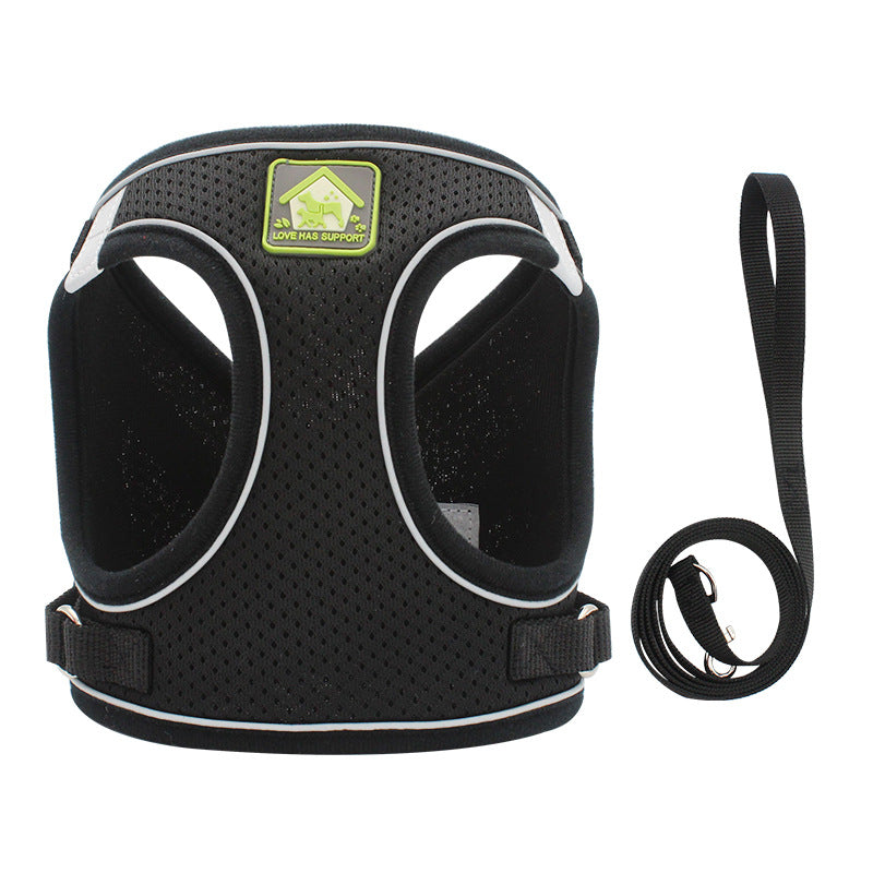 Black cat escape-proof harness vest with reflective edging and matching leash