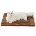Brown faux rabbit fur pet mat with white top, cat curled on ridged surface