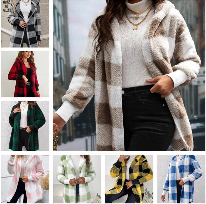 Cream and dark gray plaid knitted cardigan with open front and long sleeves
