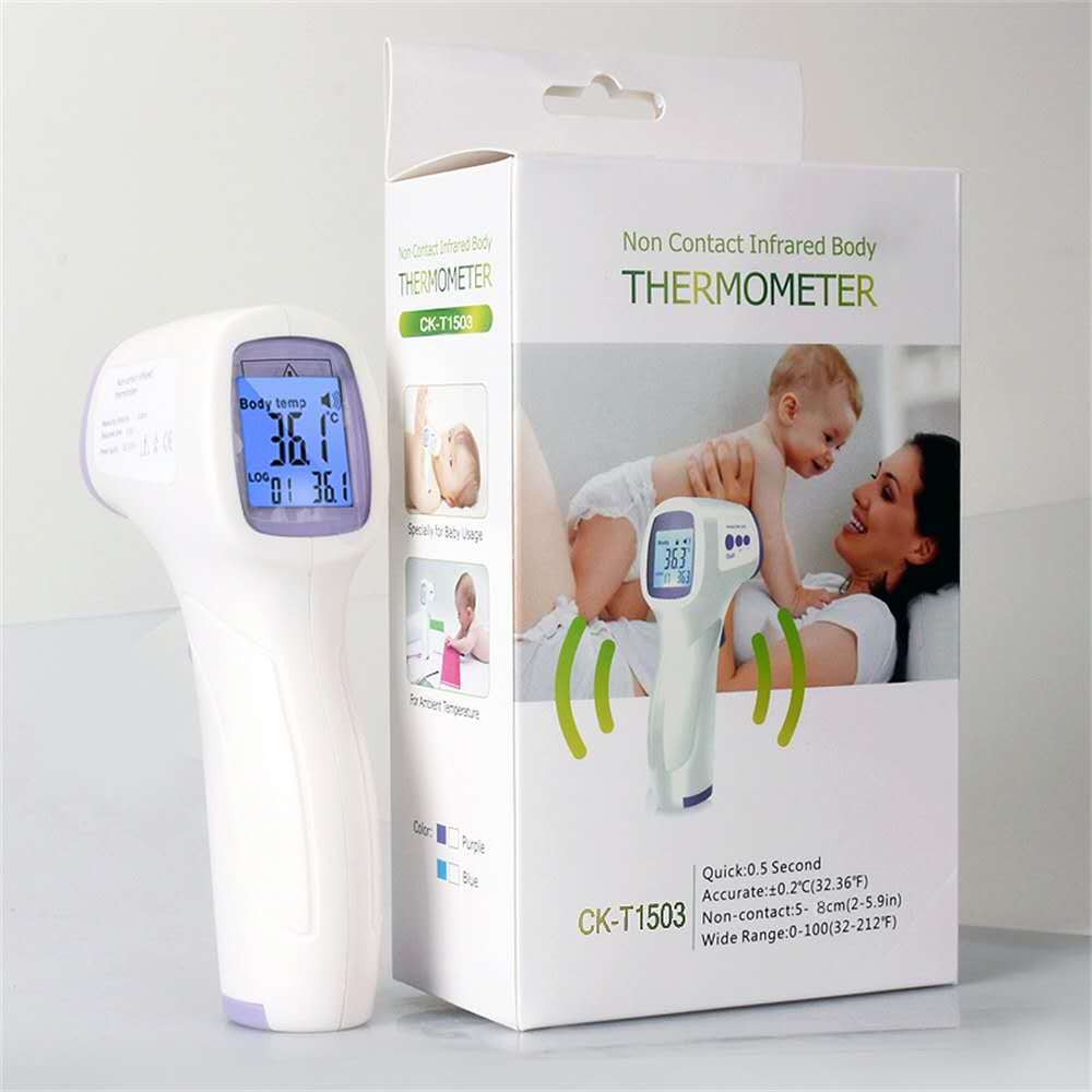 White infrared non-contact forehead thermometer with purple accents, shown with product box