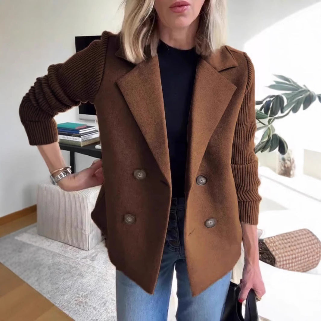 Brown double-breasted lapel jacket with ribbed knit sleeves and four matching buttons.