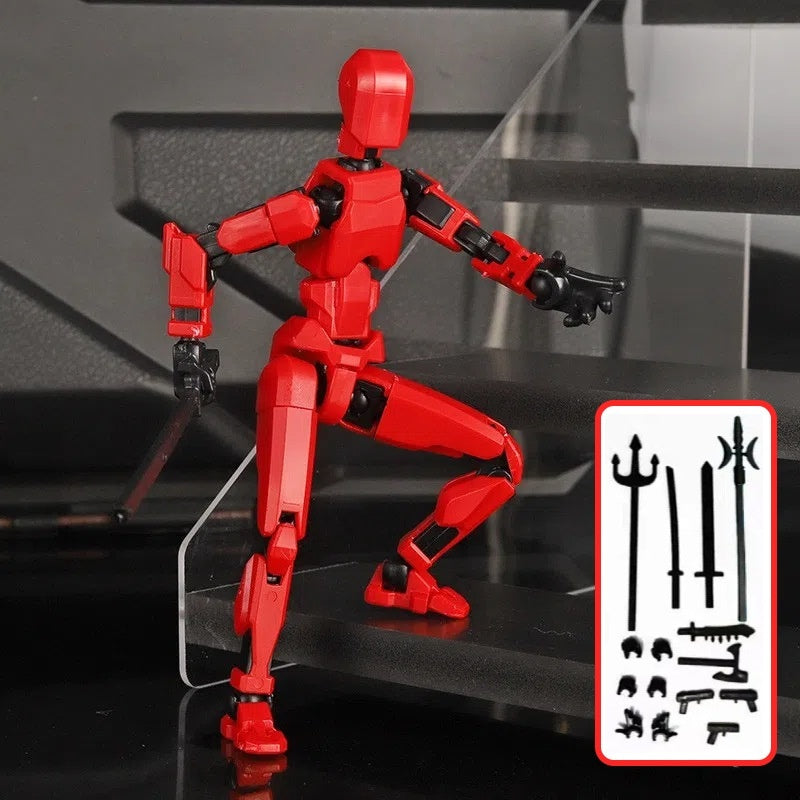 Red articulated robot action figure holding a sword and parts card