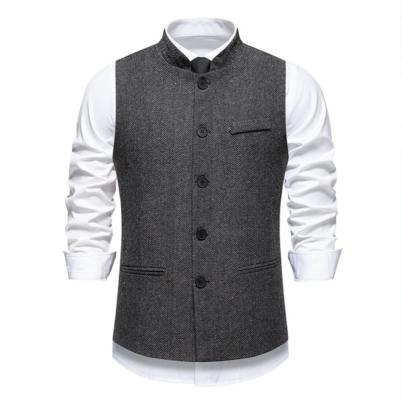 New Men's Retro Stand Collar Herringbone Senior Solid Color Suit Vest