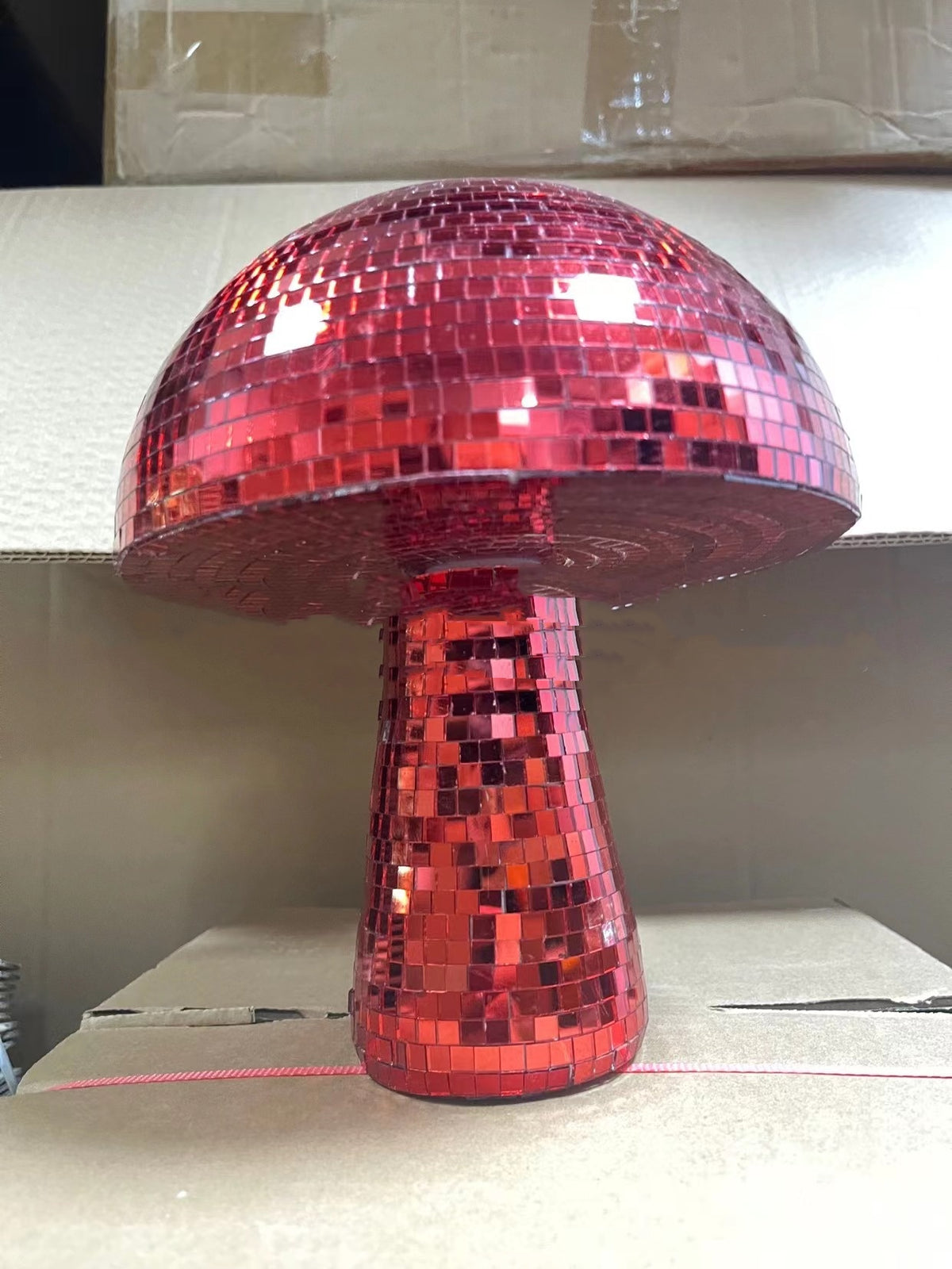 Red mirror-glass mushroom disco ball with reflective mosaic cap and stem