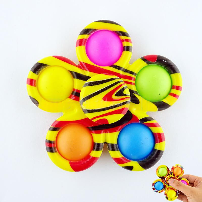 Yellow and red striped fidget spinner stress-relief toy with neon green and pink caps