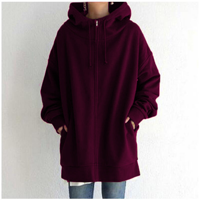 Women’s oversized dark red zip-up hooded coat with long sleeves and drawstring hood
