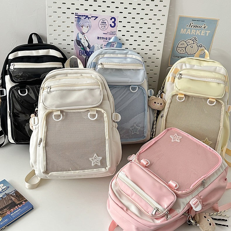 Cute large capacity nylon backpack set, white and black with star patch front pockets