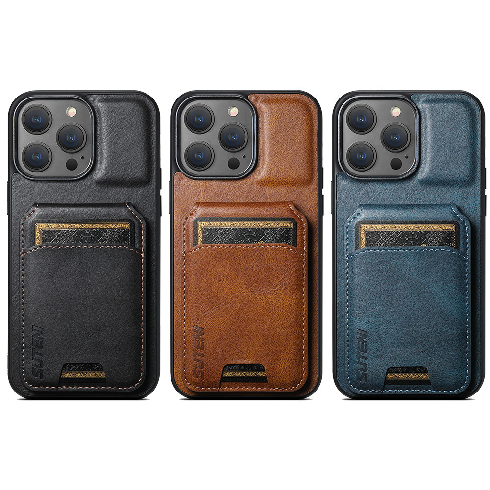 Black leather phone case with front card holder pocket and gold-pattern trim