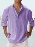 Men's loose pullover sports shirt in lavender, stand collar, long sleeves, button placket.
