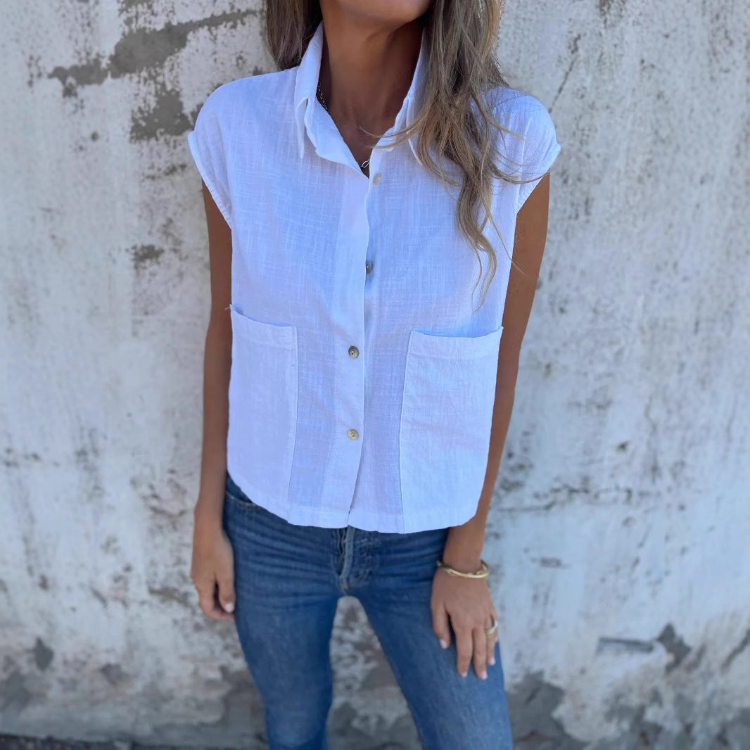 Women's Casual Cotton Linen Button-Up Shirt - Loose Fit with Pockets