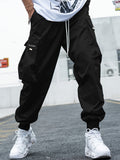Black cargo pants with side flap pockets and elastic ankle cuffs, drawstring waist