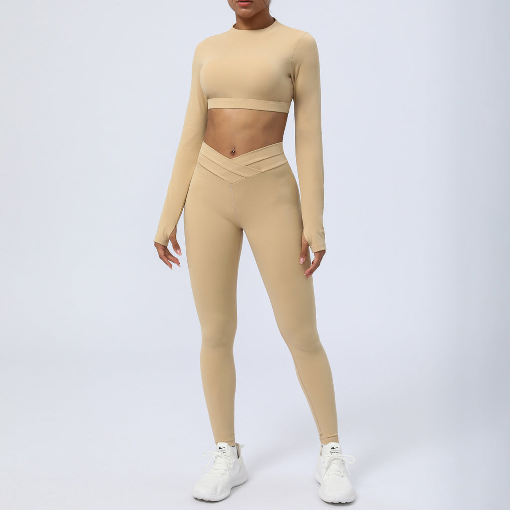 Nude Feel Cross Strap Workout Suit Set Cropped Pants Pullover Nylon Ammonia Double Sided Fabric Light Brown