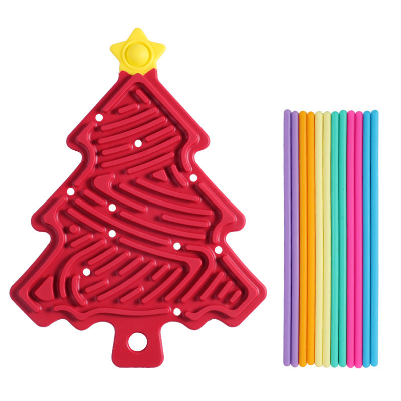 Red Christmas tree sensory board with yellow star top plus rainbow plastic straws