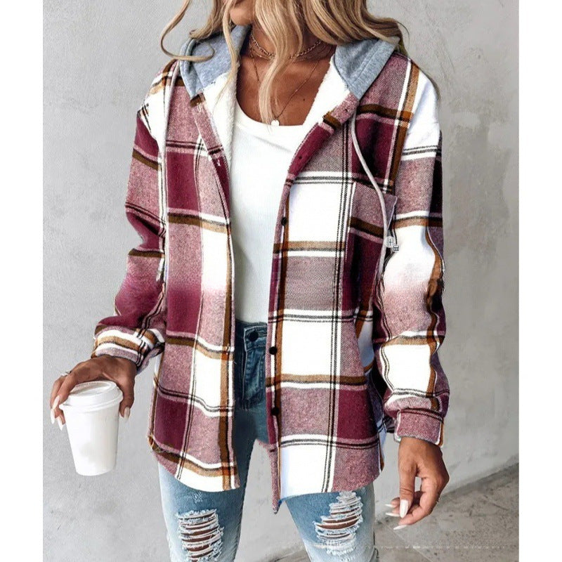 Women’s plaid hooded jacket, maroon and white plaid with hood and button front