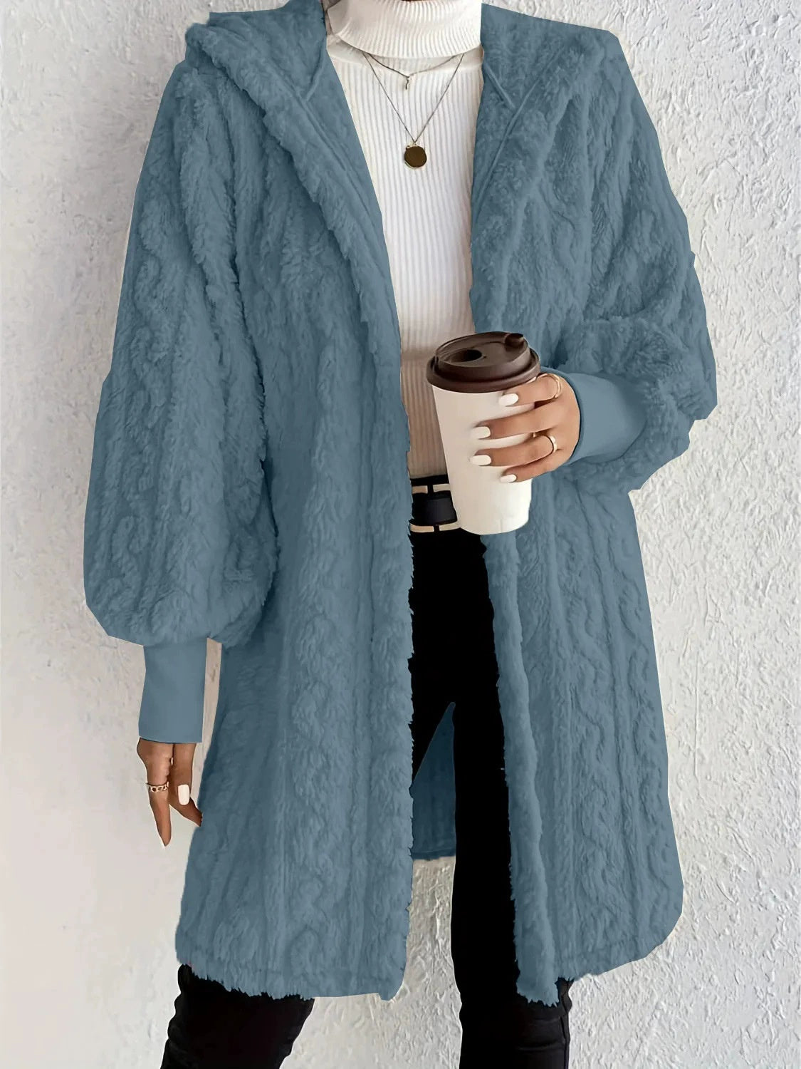 Hooded long plush coat in ocean blue, open front, textured plush finish and hood.