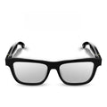 Front view of black smart audio glasses with dark lenses and curved frame