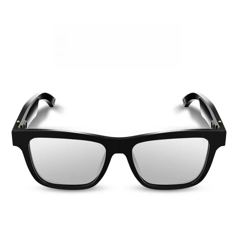 Front view of black smart audio glasses with dark lenses and curved frame