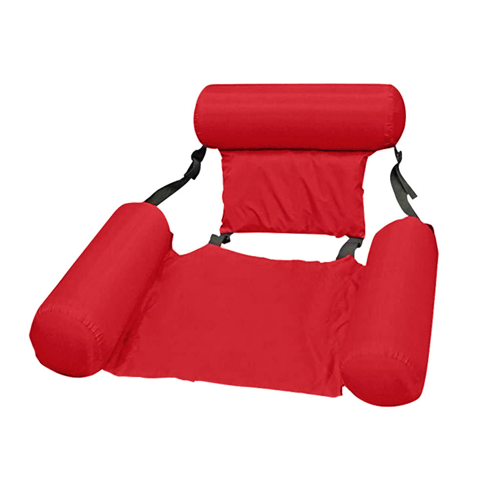 Red inflatable floating hammock with padded headrest and side arm cushions