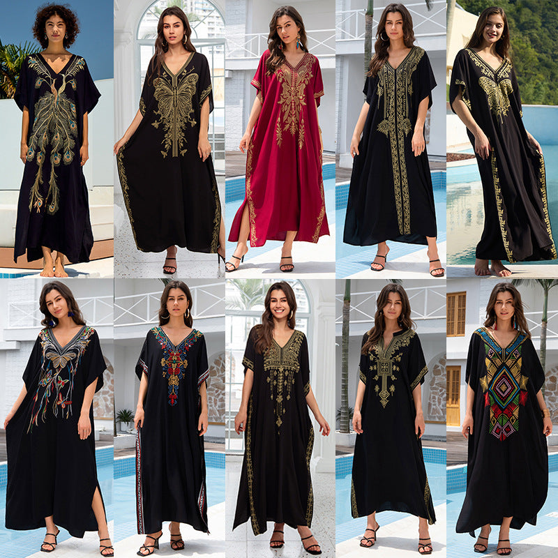 Outerwear Cover-up Rayon Embroidery Plus Size Long Dress Women