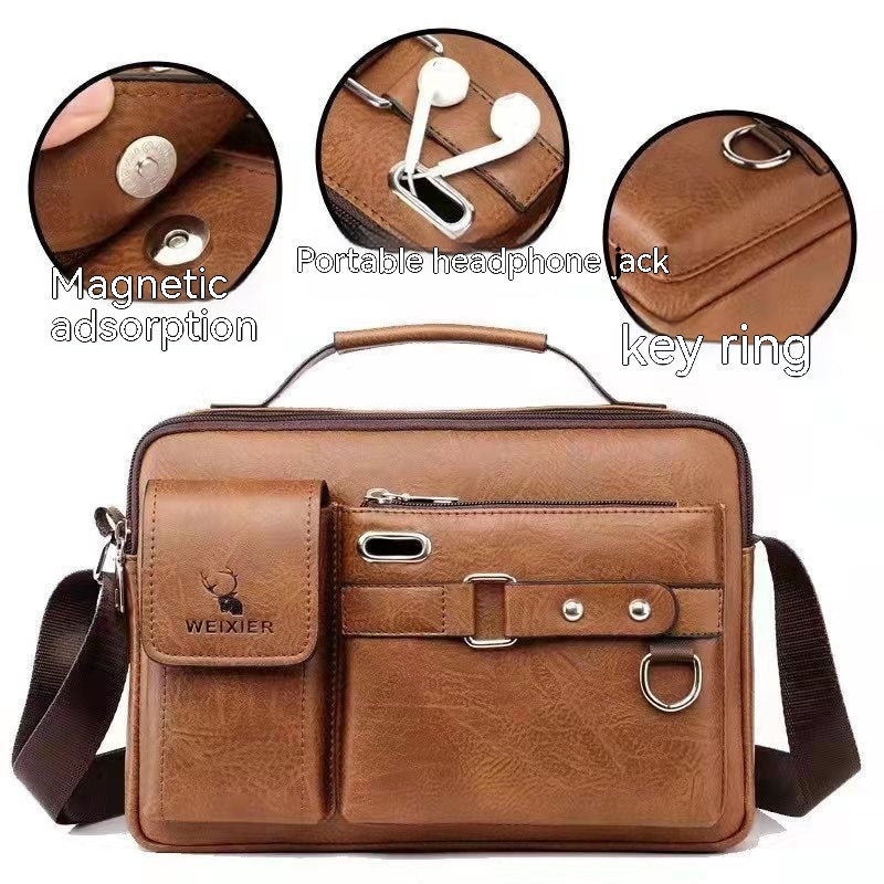 Men's Casual Fashion Crossbody Shoulder Bag PU Leather 8in Clamshell With Letter Print In Khaki Black Dark Brown