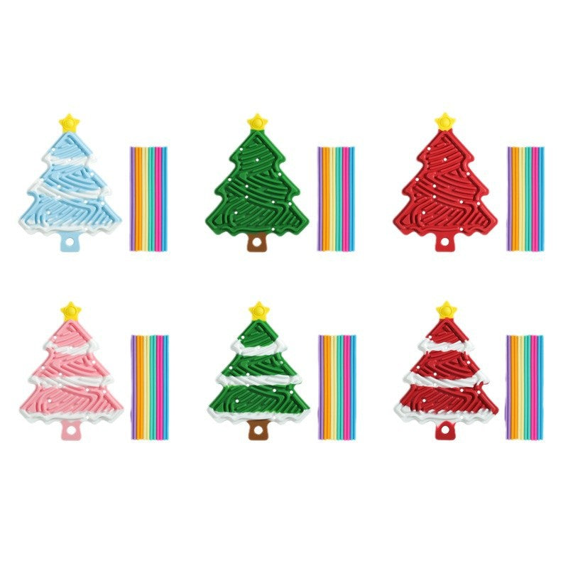 Mixed-color Christmas tree sensory boards with matching rainbow plastic straws shown separately
