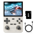 Retro handheld game console in white with 3.5-inch IPS screen, controller, and USB cable.