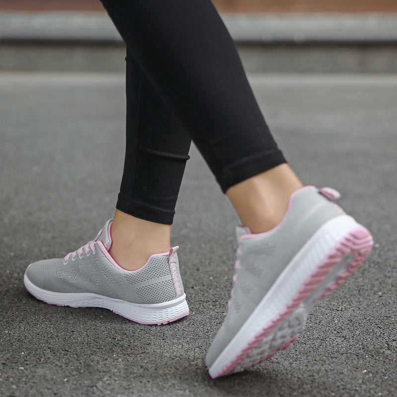 Women’s mesh wedge sneakers, gray with pink trim and rubber sole