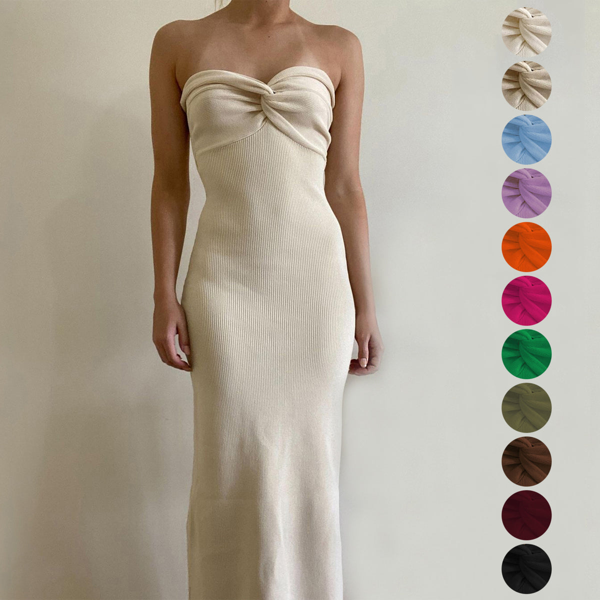 Off-shoulder knit long dress, cream with knotted bust and fitted straight silhouette.