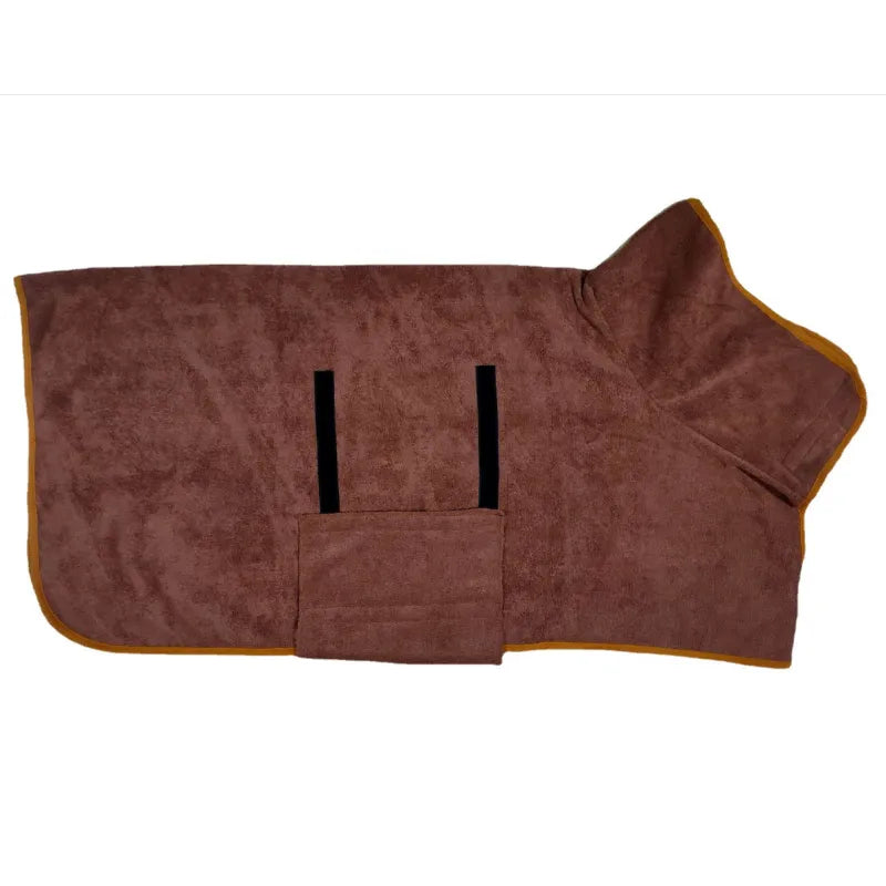 Pet bathrobe towel, coffee brown with orange trim and two black strap slots
