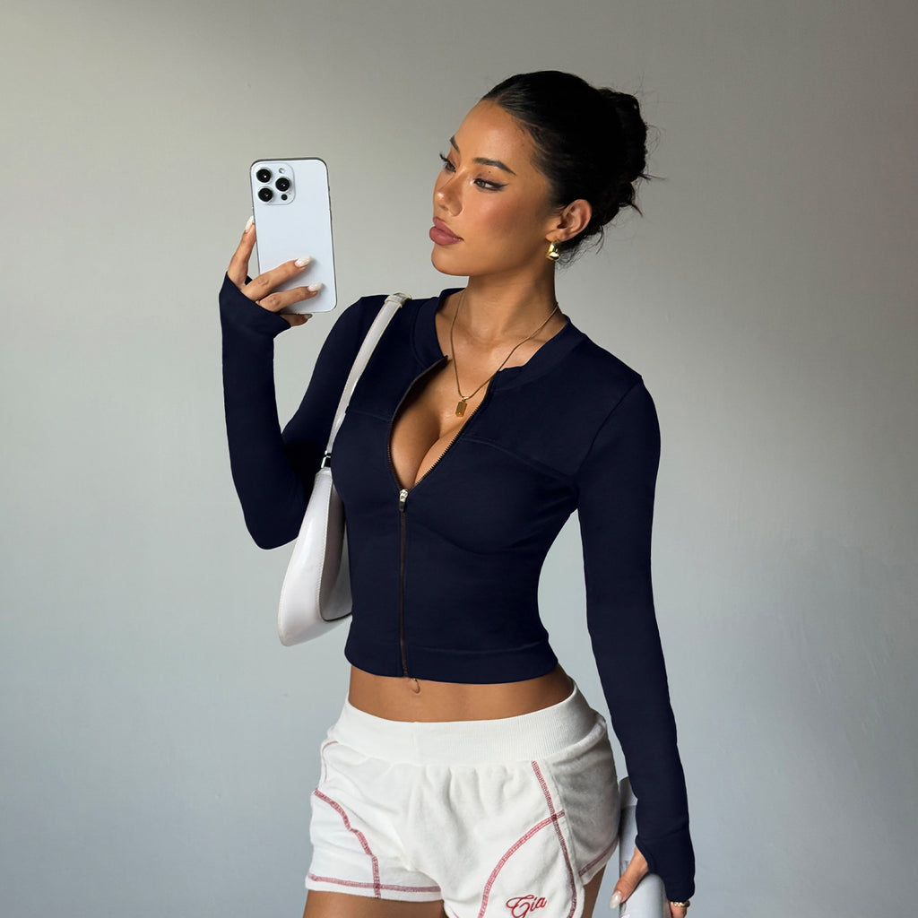 Brown Long Sleeve Zip Up Quick Dry Yoga Jacket For Training Sports Fitness Nylon Spandex