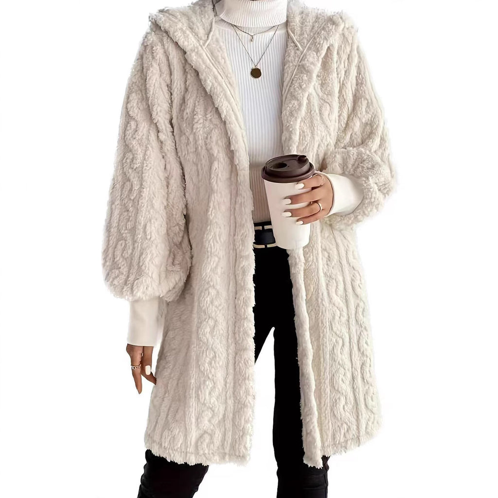 Hooded long plush coat in milky white, open front with fuzzy textured surface.