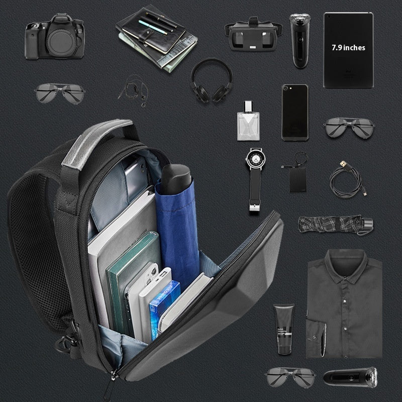 Men's Black Urban Crossbody Chest Bag With Hard Shell EVA Exterior And Plaid Pattern For Daily Leisure