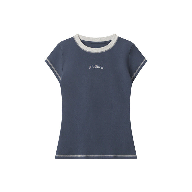 Casual Round Neck Short Sleeve Women Alphabet Embroidery Tee Slim Fit Cotton Top