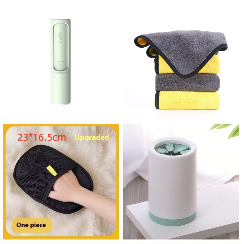 Dog paw cleaner cup with green silicone bristle insert, with cleaning pads and tool