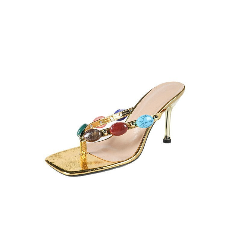 Bohemian Colored Rhinestone Sandals - Women's Gold Square Toe Sandals
